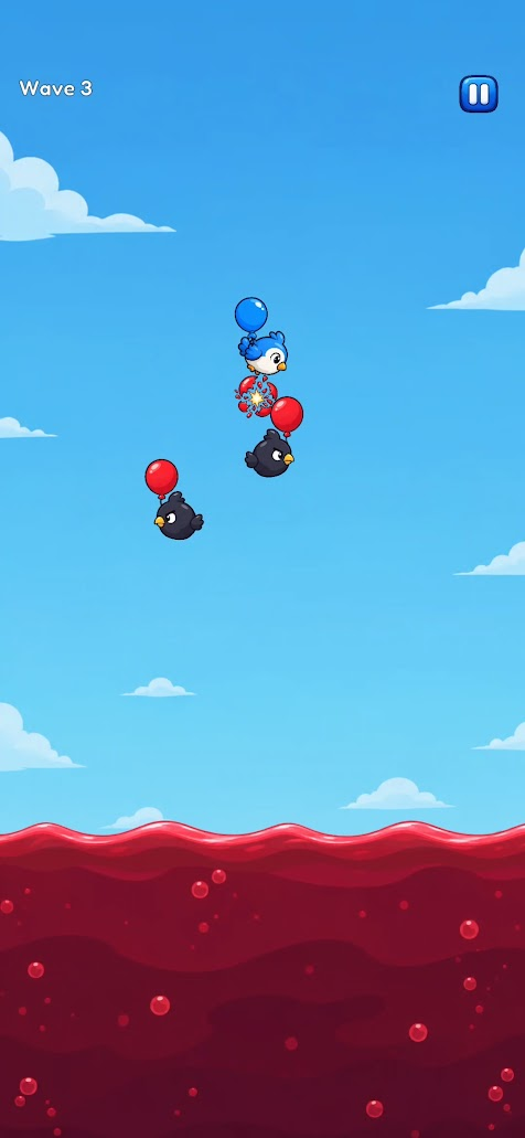 Sky High gameplay: a blue bird with a blue balloon dives onto black birds with red balloons above a rising red tide